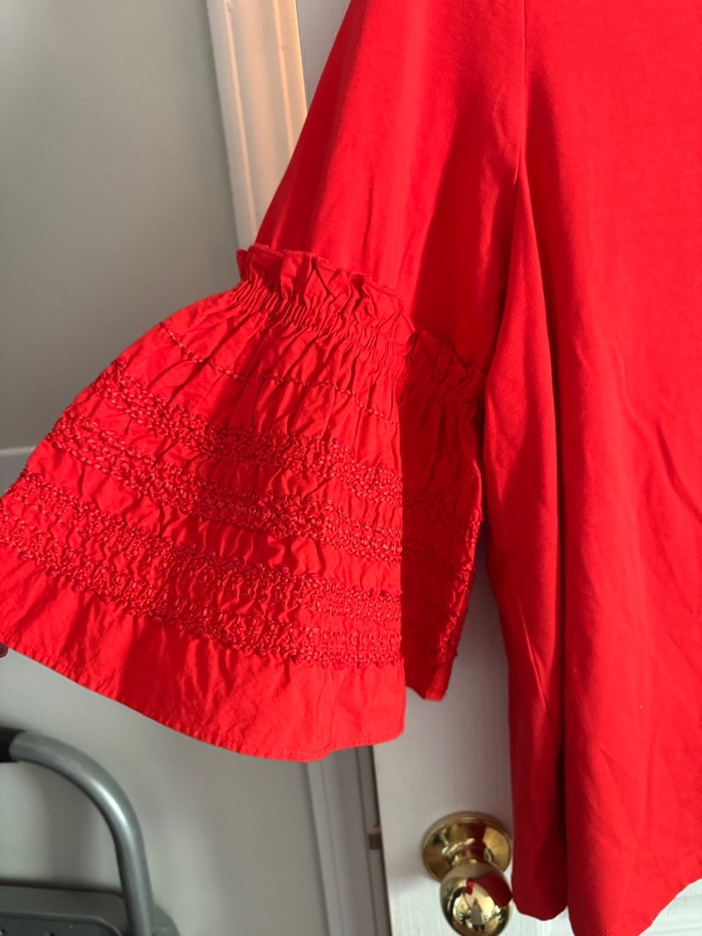 Chico's Bright Red Smocked Bell Sleeve Tee - Picture 2 of 4